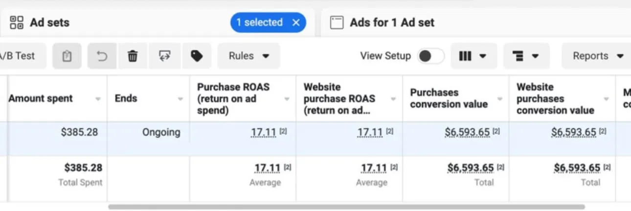 Ads Manager: 17.11 ROAS on a single ad set