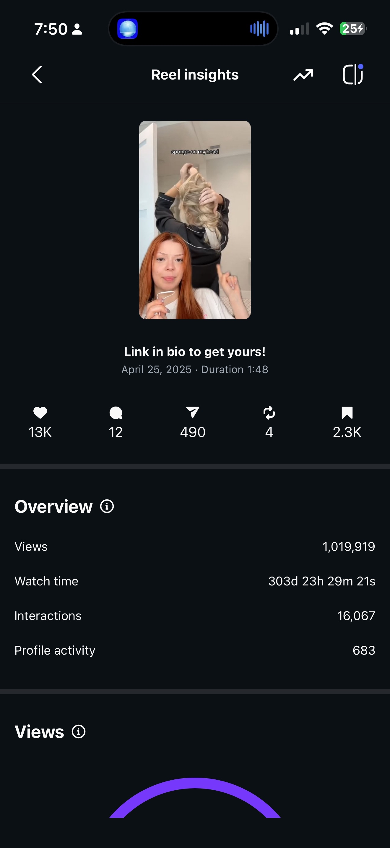 Instagram Reel Insights — 1,019,919 views on a DreamCurls Reel
