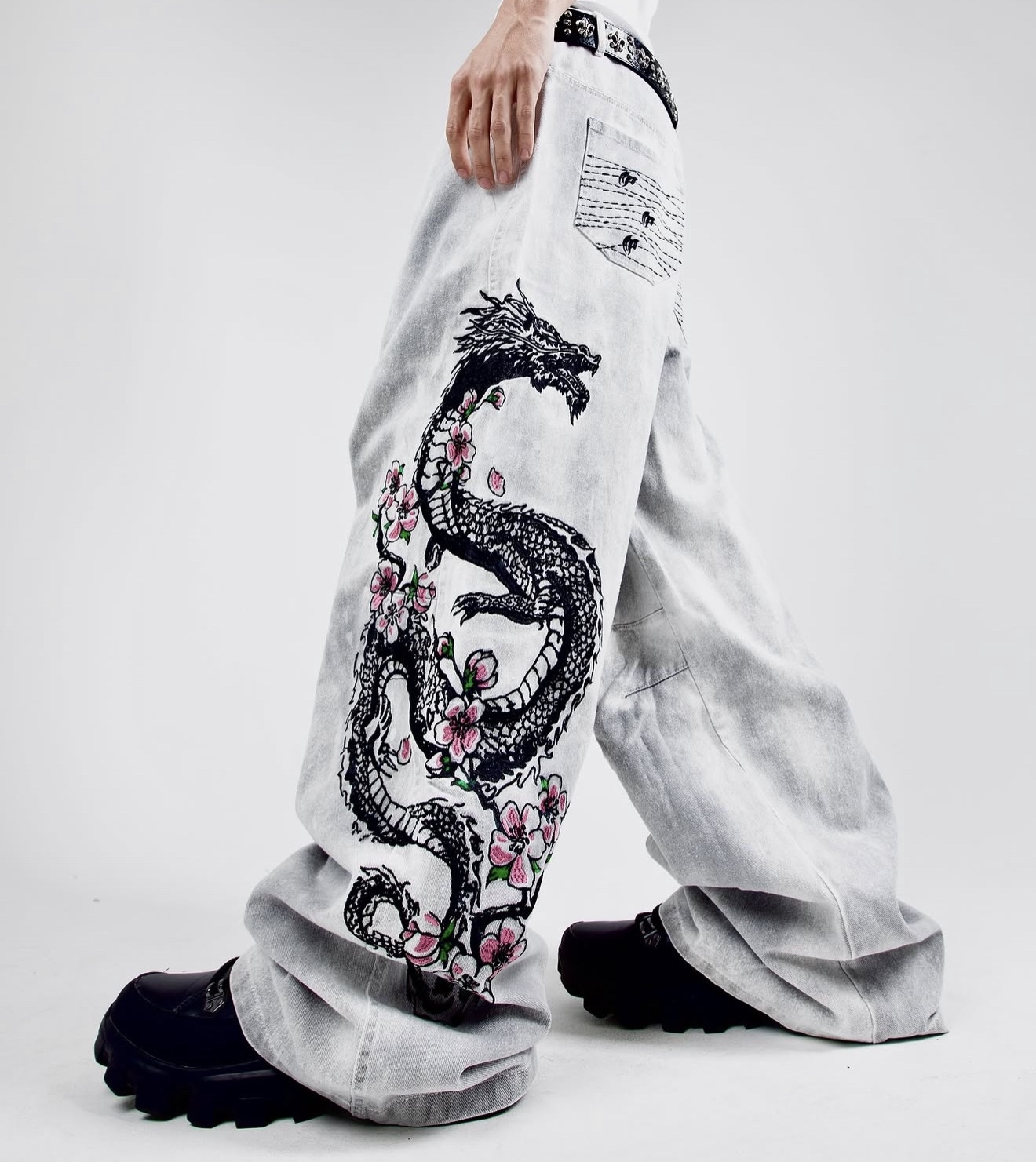 Sakura Set product story — dragon embroidered denim, studio shoot