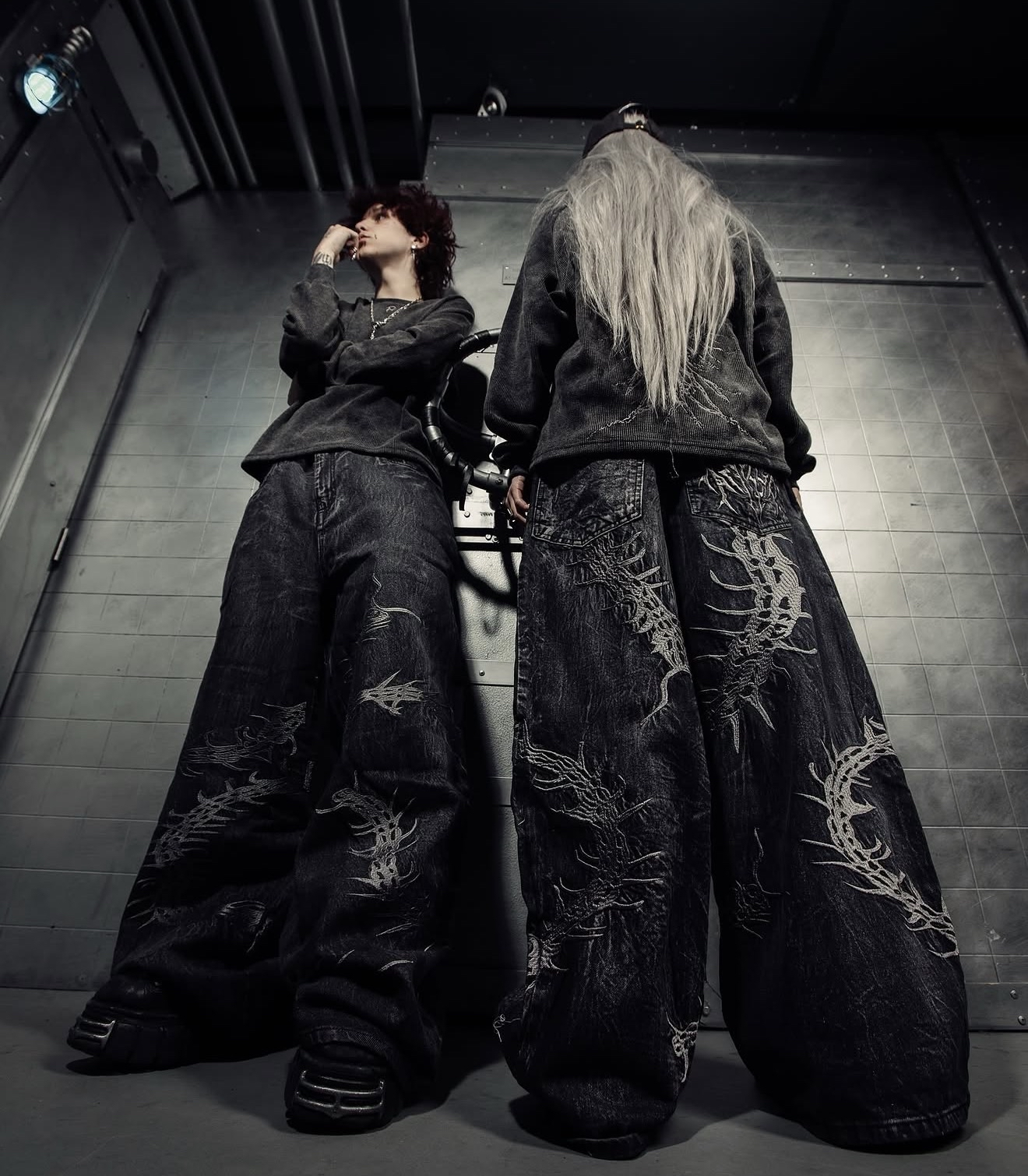 Gothic editorial campaign — embroidered black denim, industrial set